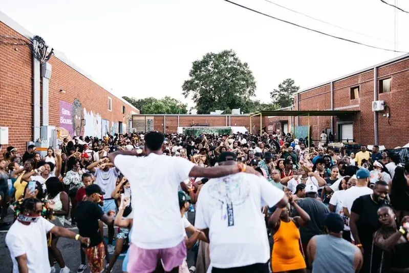 Outdoor crowd at a block party