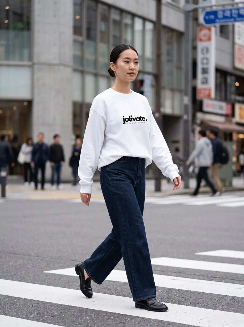 Woman in the white crewneck and wide leg denim