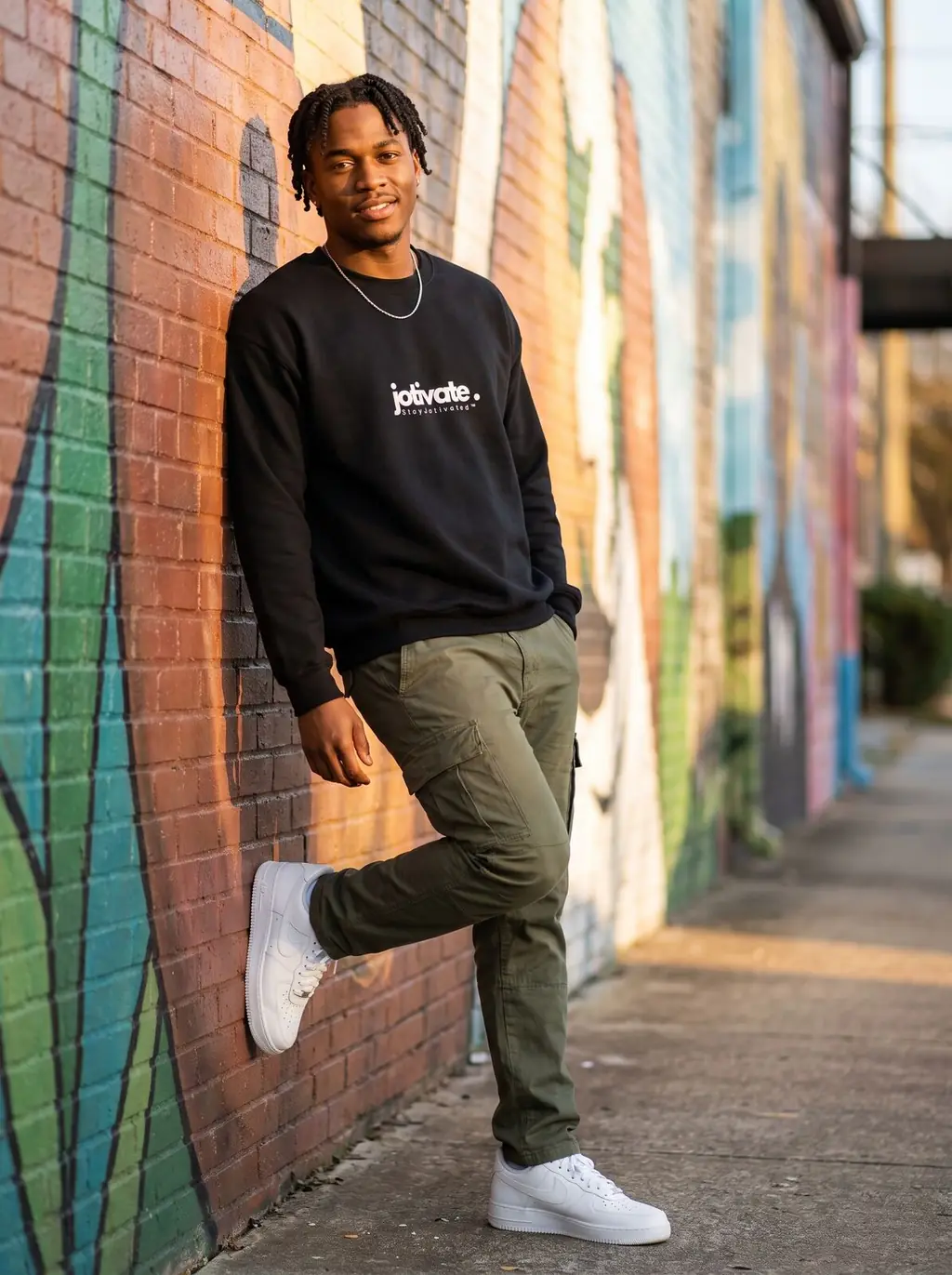 Man wearing the black just jotivate crewneck