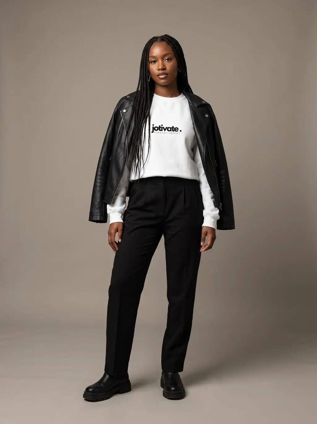 Woman in the white crewneck with a leather jacket