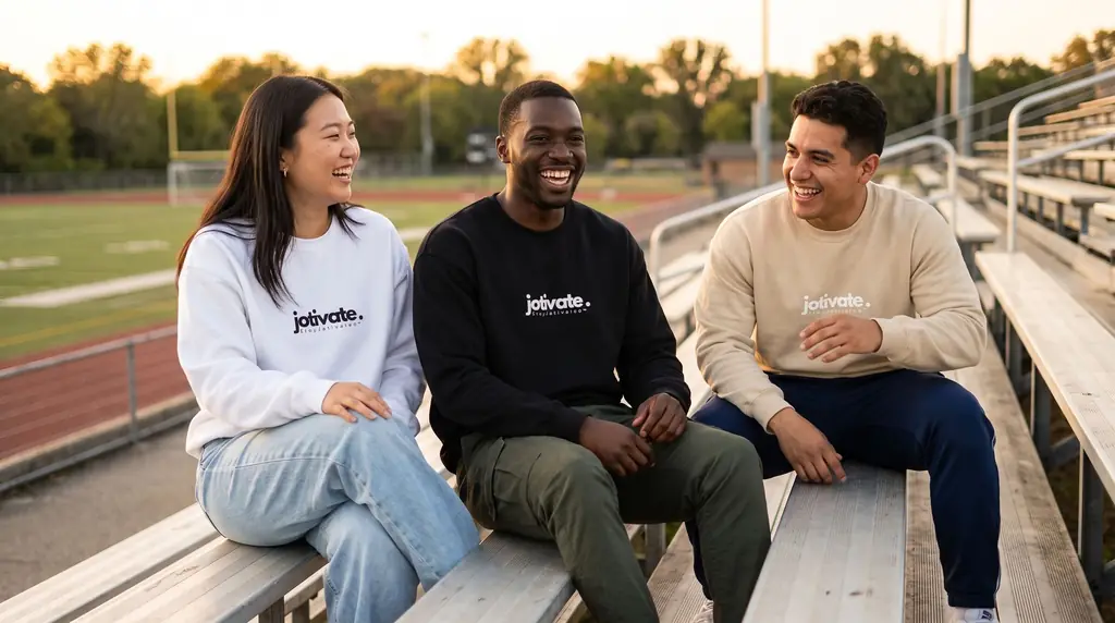 Three friends on stadium bleachers wearing the white, black and tan crewnecks