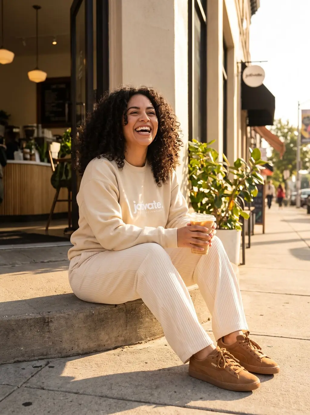 Woman in the tan crewneck