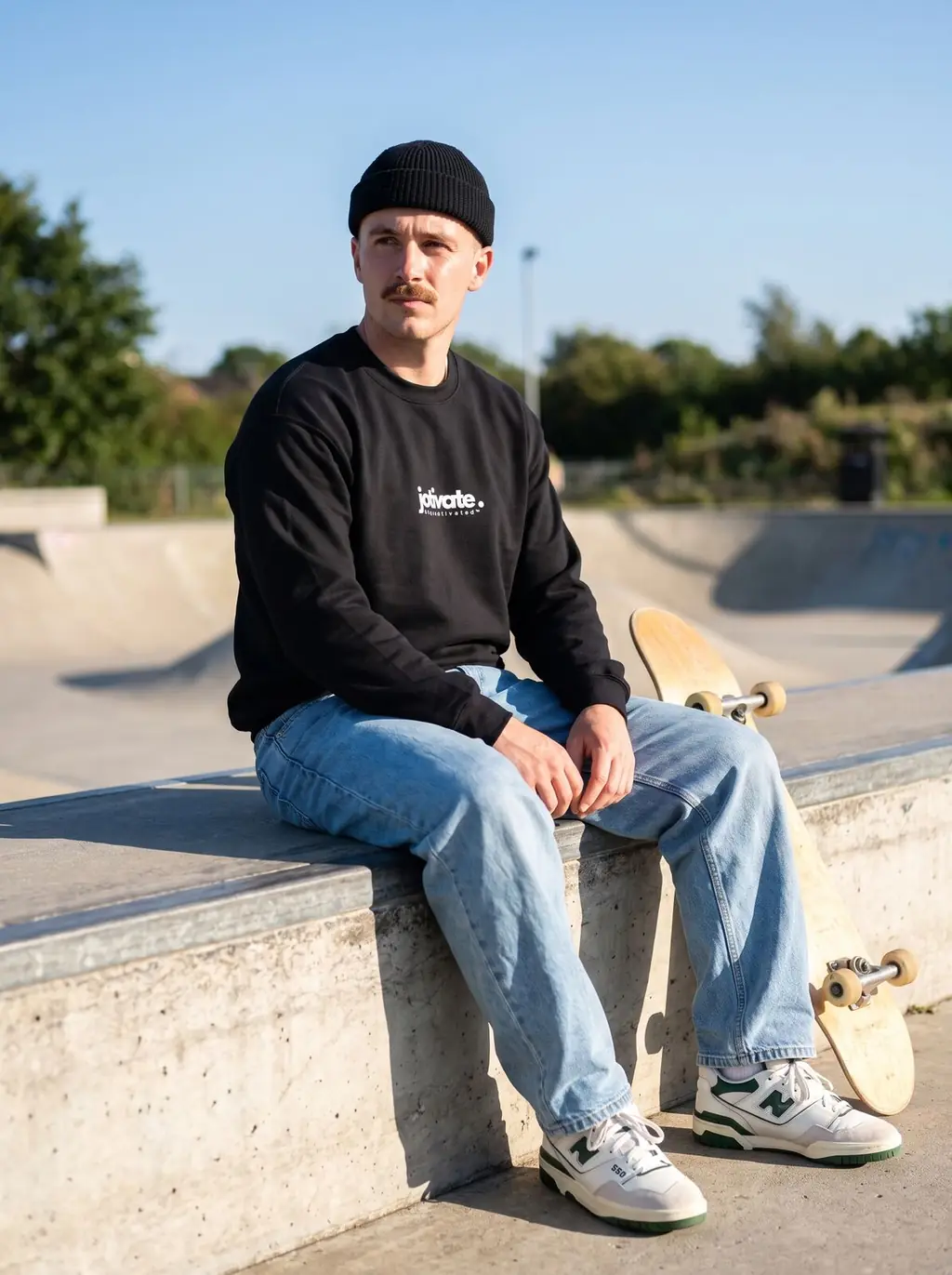 Man in the black crewneck at a skate park