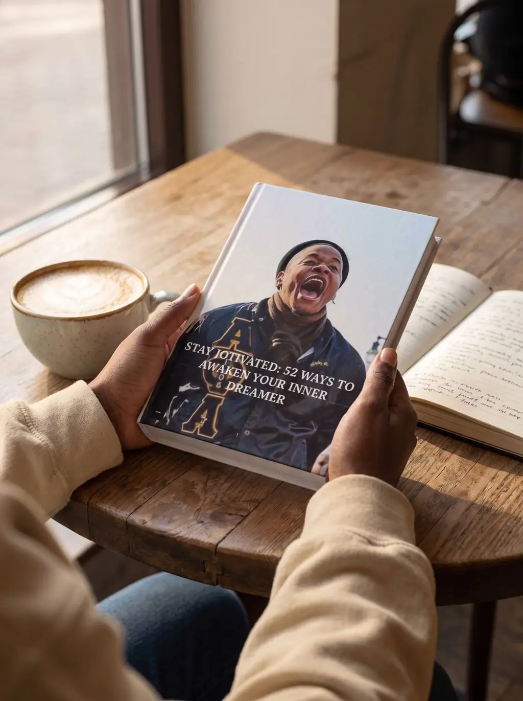 Reader in a tan crewneck holding Stay Jotivated: 52 Ways to Awaken Your Inner Dreamer at a cafe table